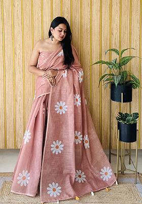 Peach  Printed Linen Saree Set