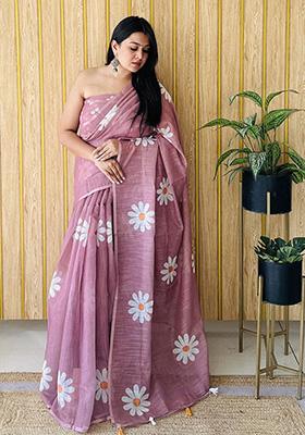 Pink Printed Linen Saree Set
