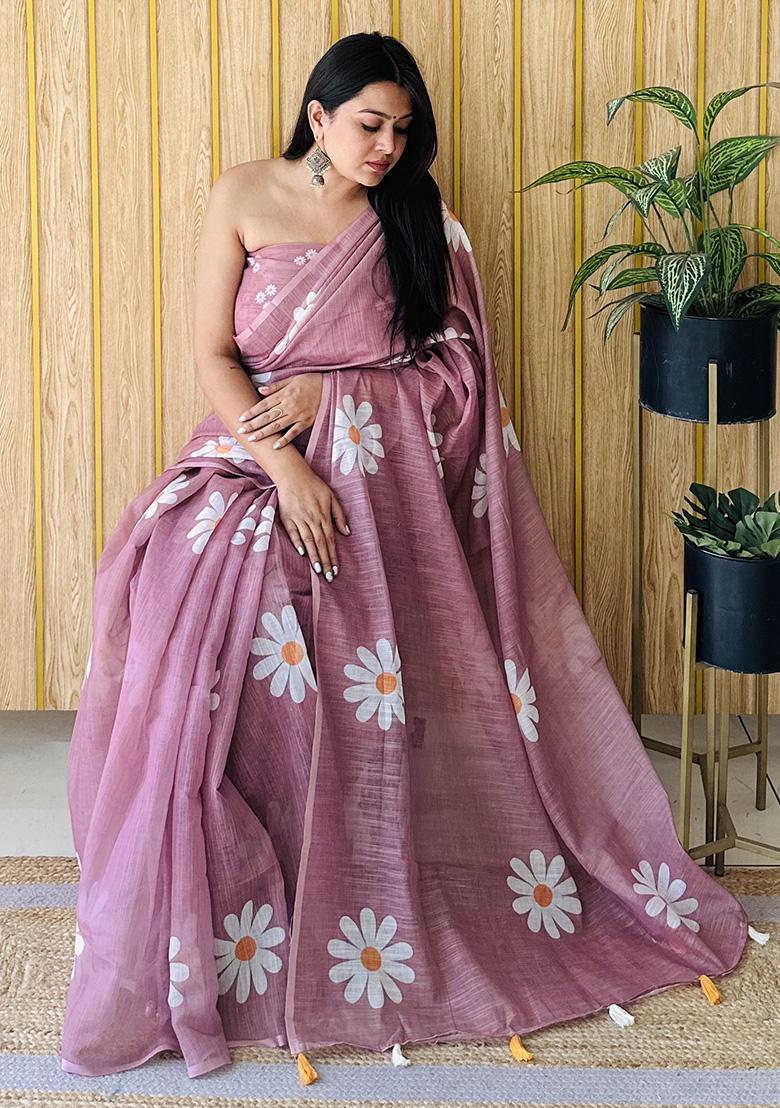 Pink Printed Linen Saree Set