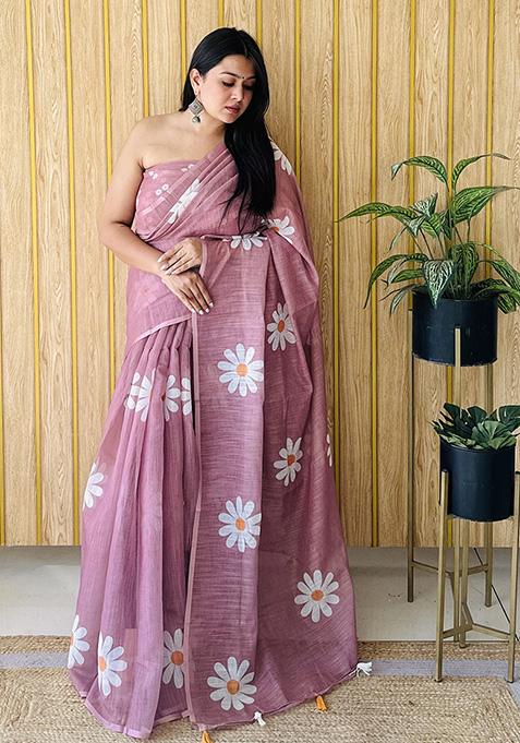 Pink Printed Linen Saree main image 1