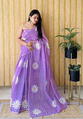Purple Printed Linen Saree Set