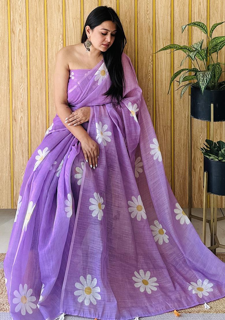 Purple Printed Linen Saree Set