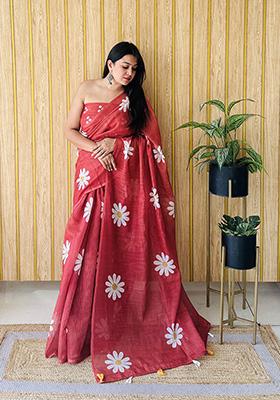 Red Printed Linen Saree Set