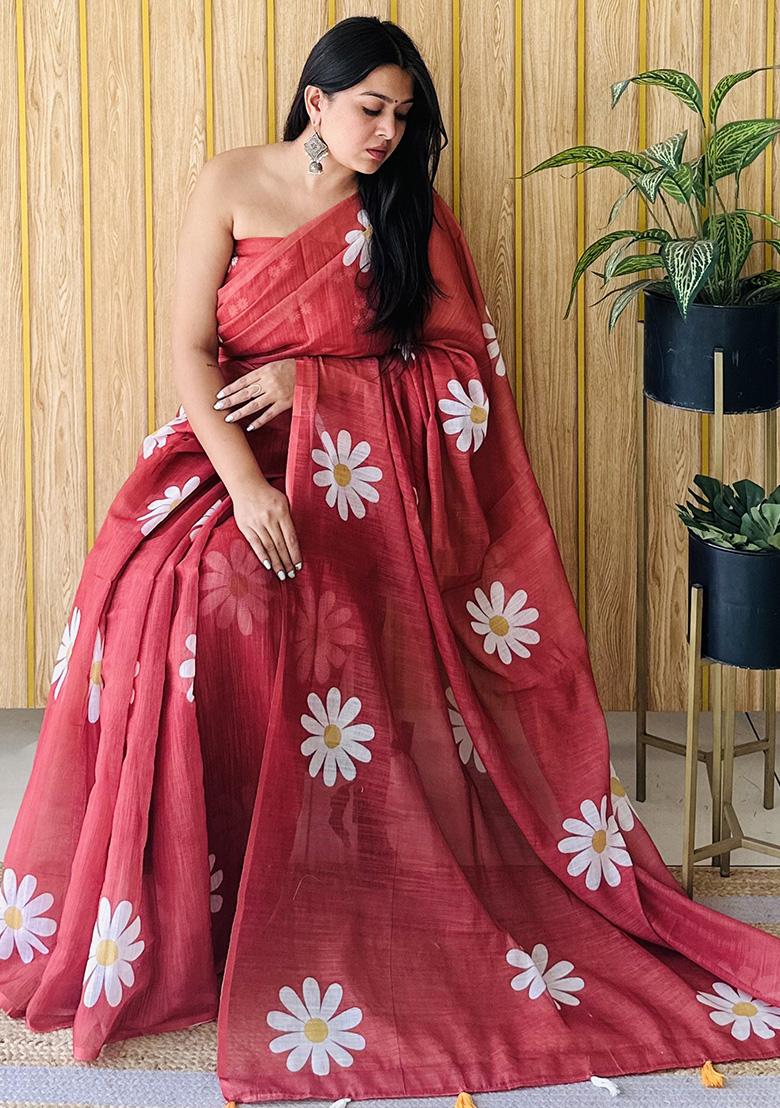 Red Printed Linen Saree Set