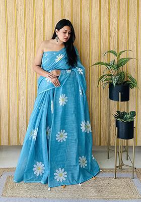 Sky Blue Printed Linen Saree Set