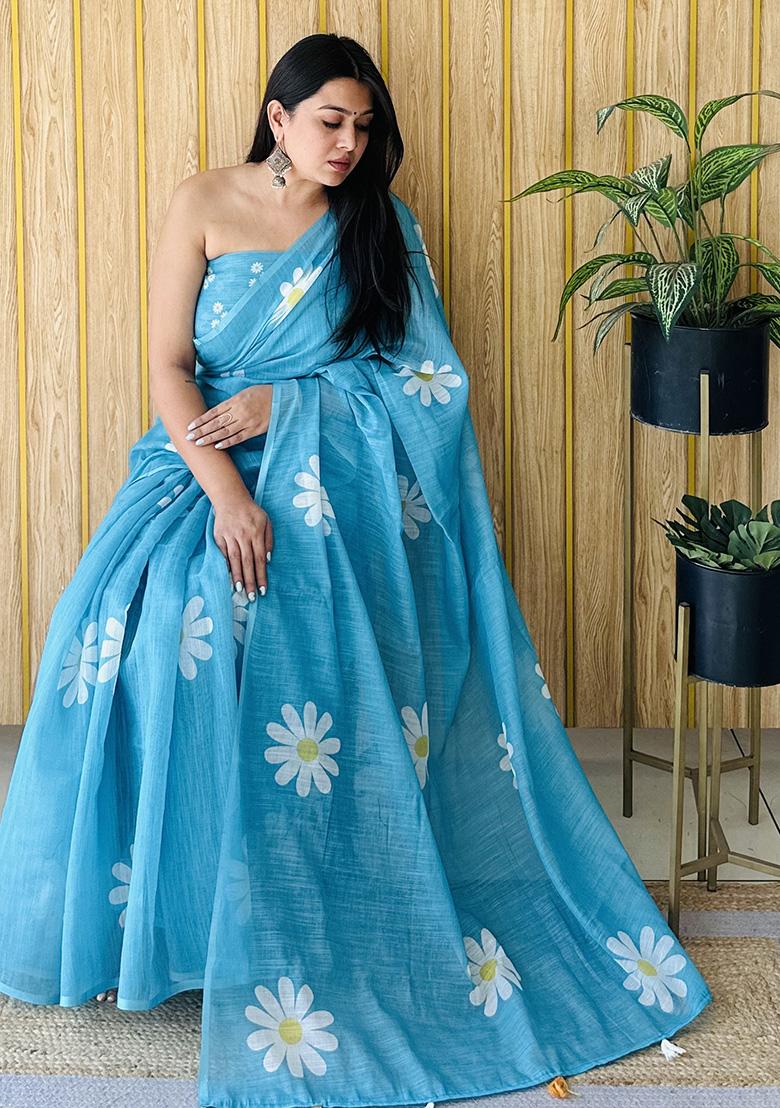 Sky Blue Printed Linen Saree Set