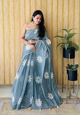 Teal Printed Linen Saree Set