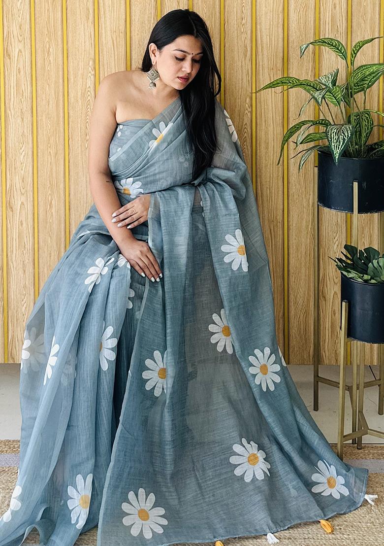 Teal Printed Linen Saree Set