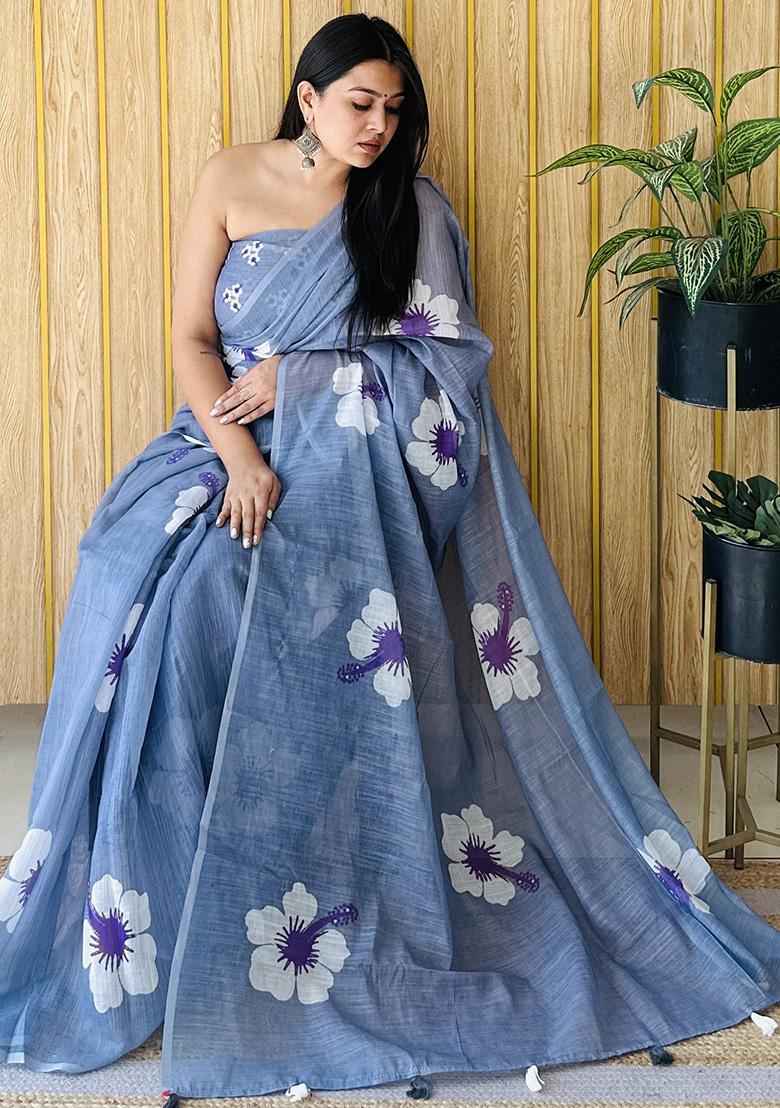 Deep Blue Printed Linen Saree Set