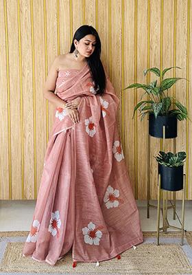 Dust Pink Printed Linen Saree Set
