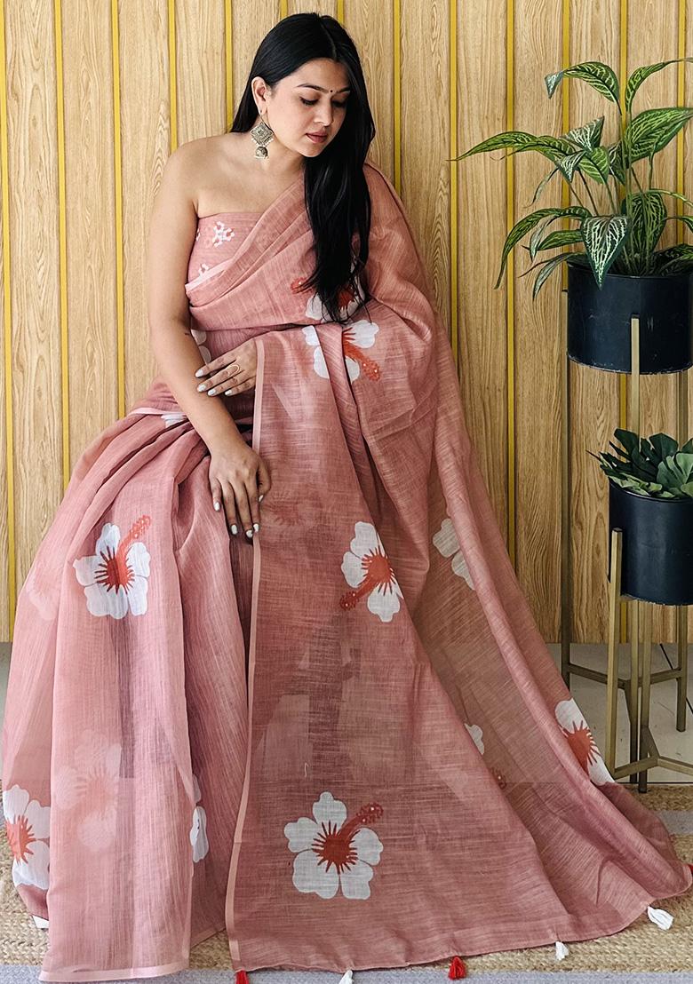 Dust Pink Printed Linen Saree Set