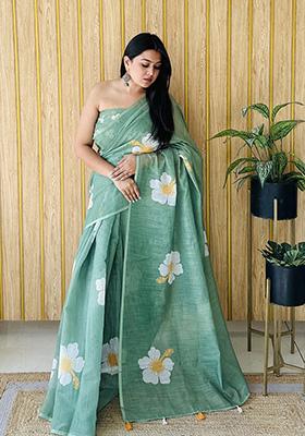 Green Printed Linen Saree Set