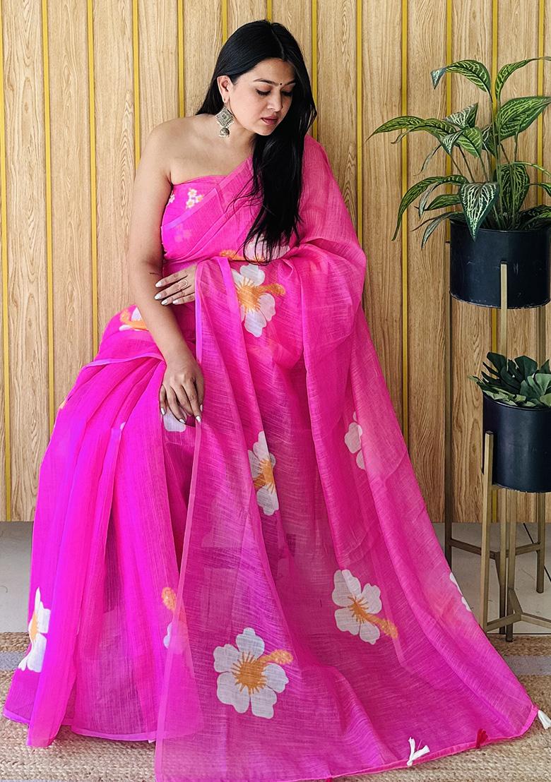 Pink Printed Linen Saree Set