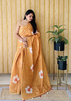 Orange Printed Linen Saree Set