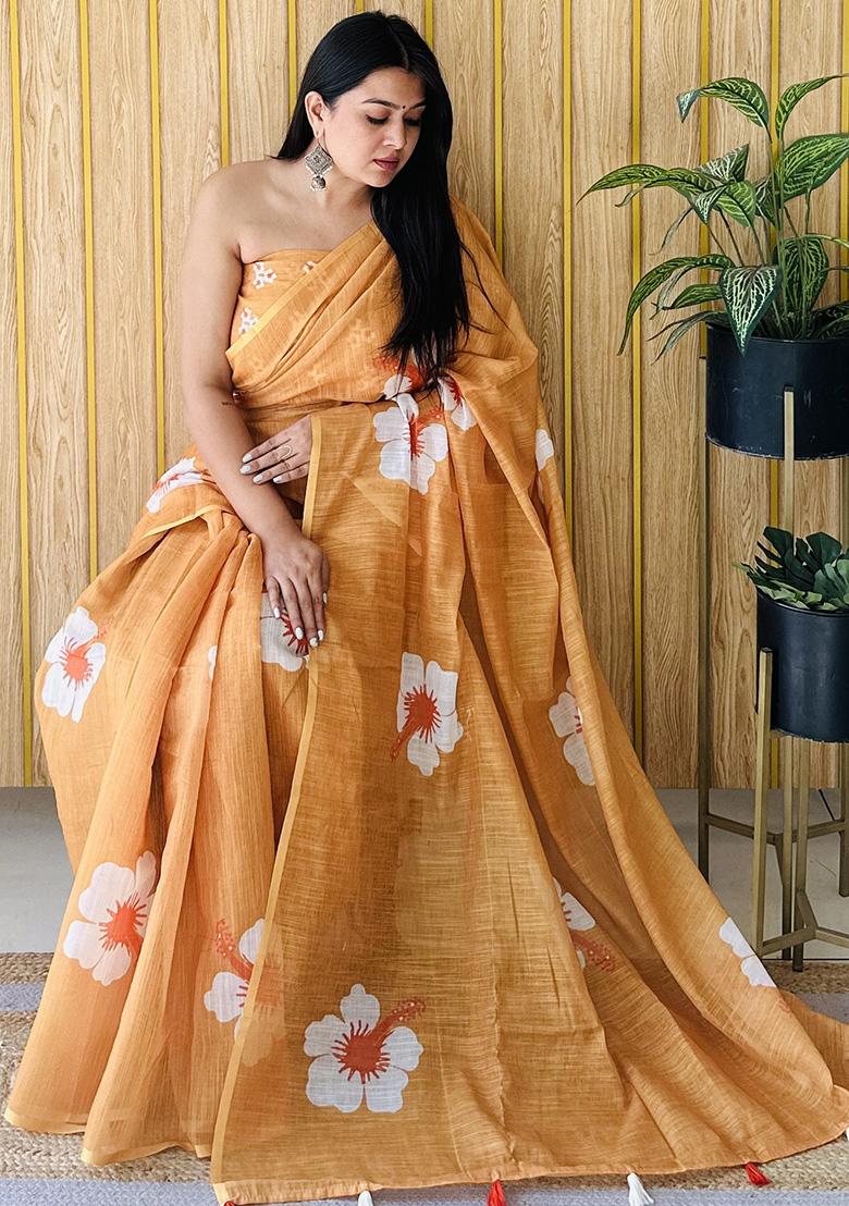 Orange Printed Linen Saree Set