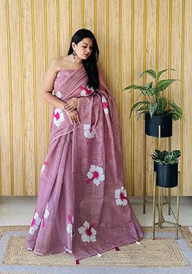 Pink Printed Linen Saree Set