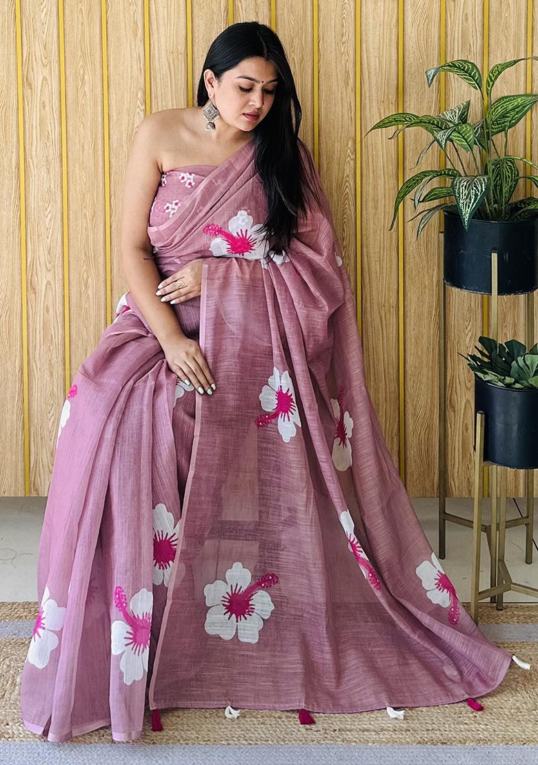 Pink Printed Linen Saree Set