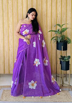 Purple Printed Linen Saree Set