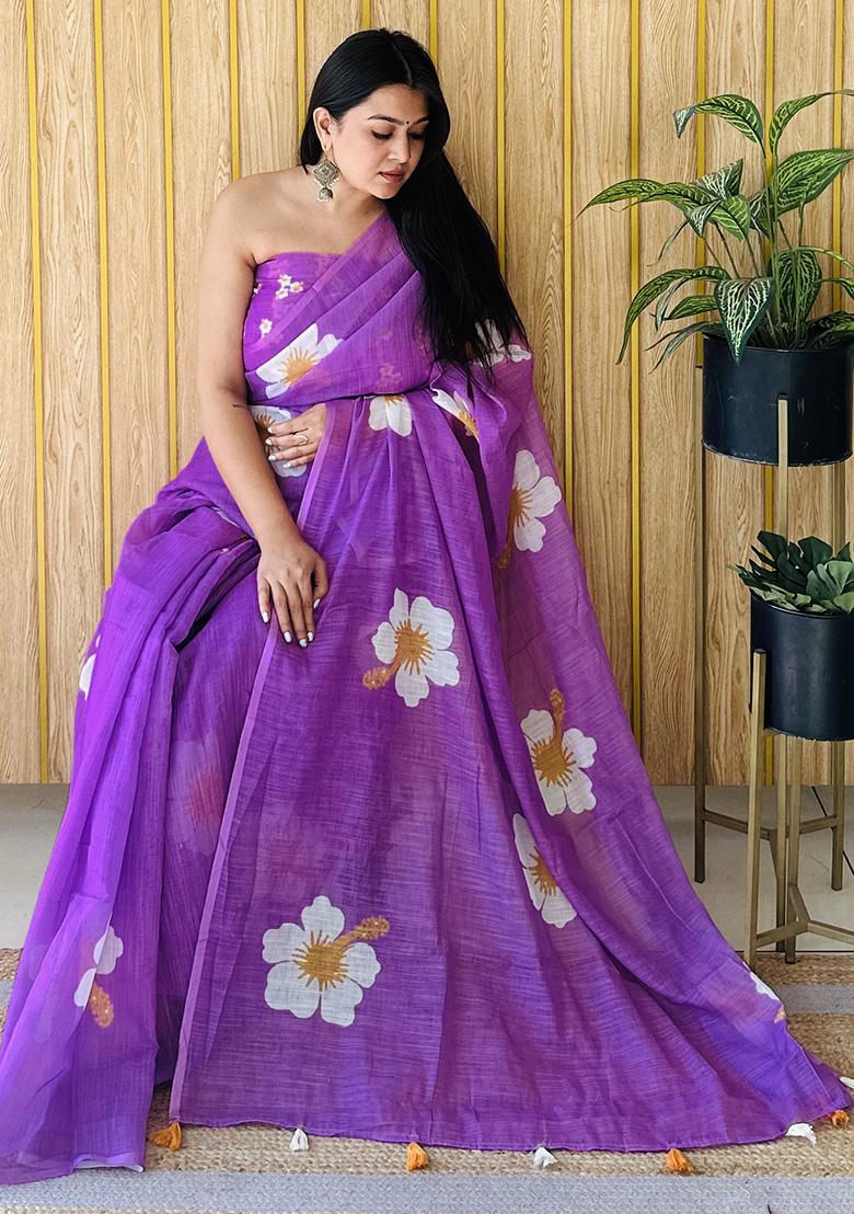 Purple Printed Linen Saree Set