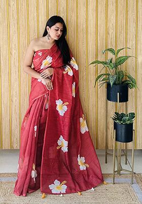 Red Printed Linen Saree Set