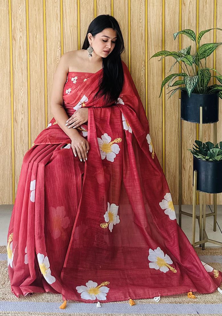 Red Printed Linen Saree Set