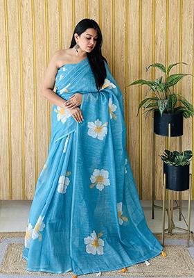 Sky Blue Printed Linen Saree Set