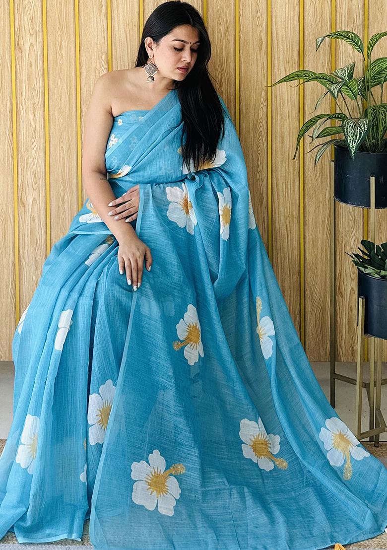 Sky Blue Printed Linen Saree Set