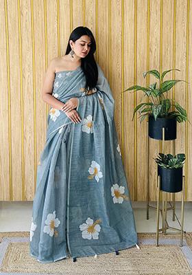 Teal Printed Linen Saree Set