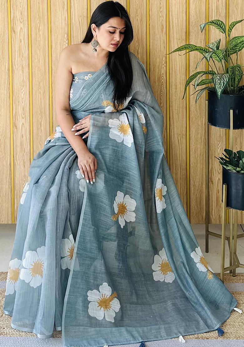 Teal Printed Linen Saree Set