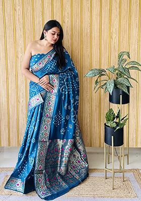 Blue Weaving Silk Saree Set
