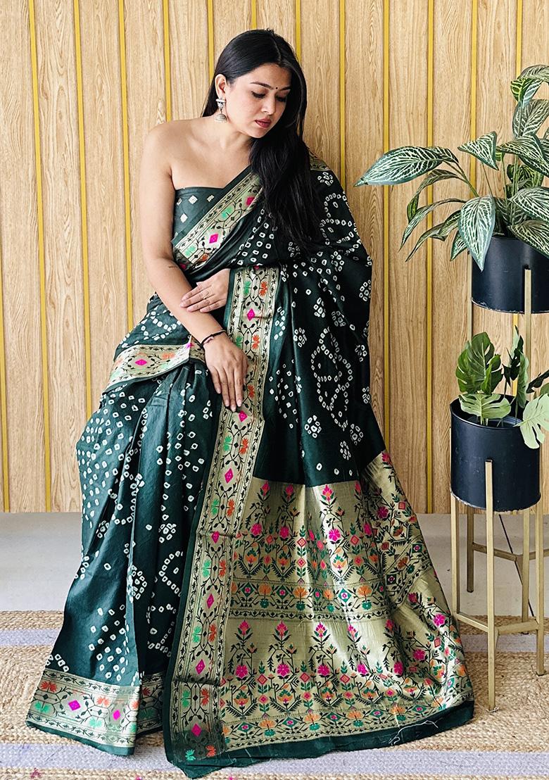 Dark Green Weaving Silk Saree Set