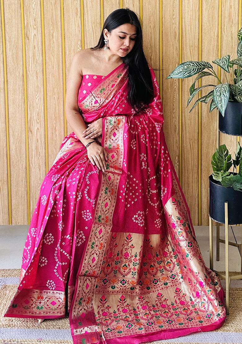 Rani Pink  Weaving Silk Saree Set