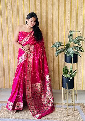 Rani Pink  Weaving Silk Saree Set