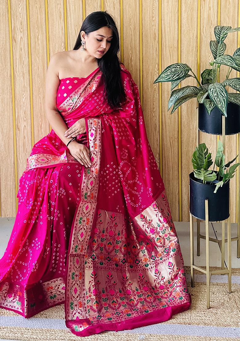 Rani Pink  Weaving Silk Saree Set