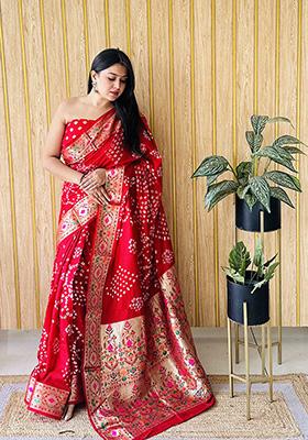 Red Weaving Silk Saree Set