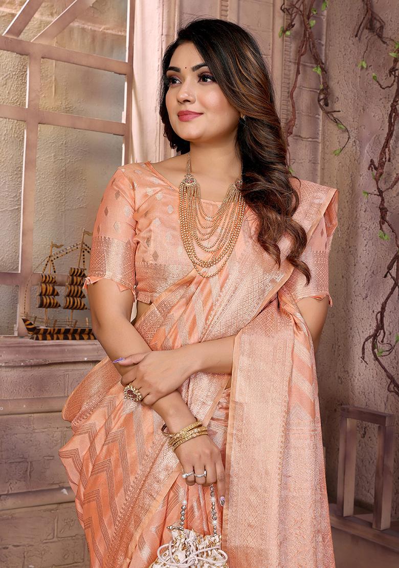 Peach  Weaving Silk Saree Set
