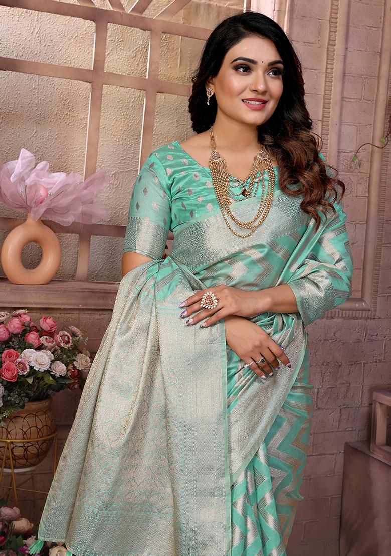 Turquoise Weaving Silk Saree Set