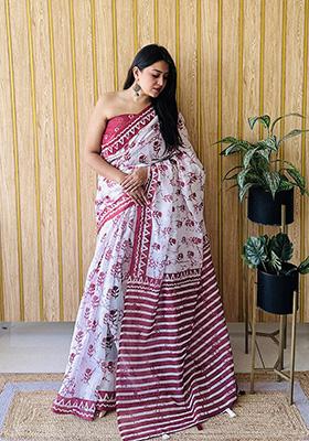 Maroon Printed Linen Saree Set