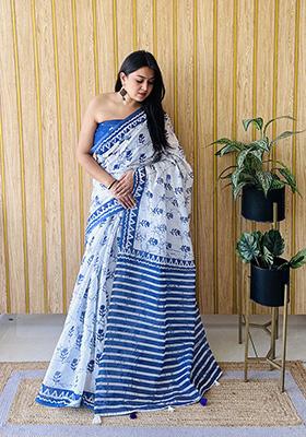 Navy Blue  Printed Linen Saree Set
