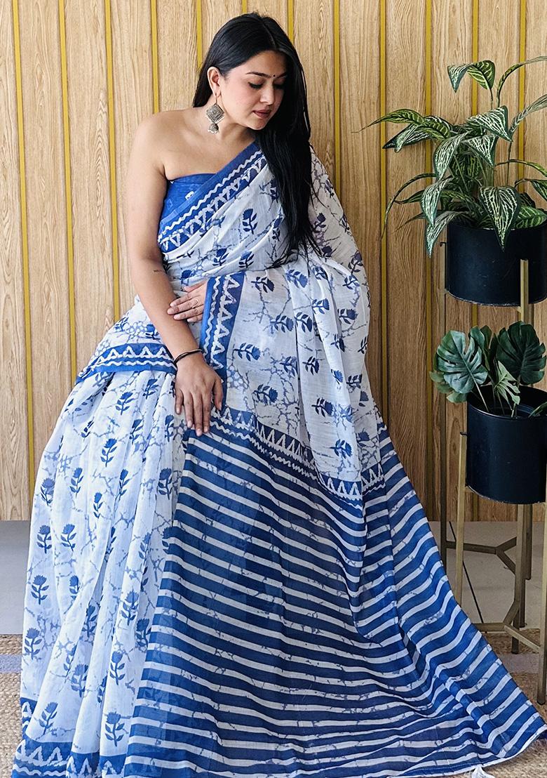 Navy Blue  Printed Linen Saree Set