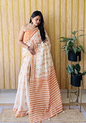 Orange Printed Linen Saree Set