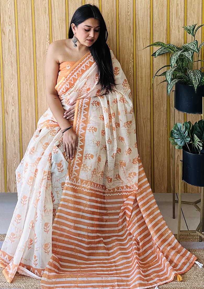 Orange Printed Linen Saree Set