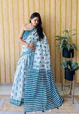 Teal Printed Linen Saree Set