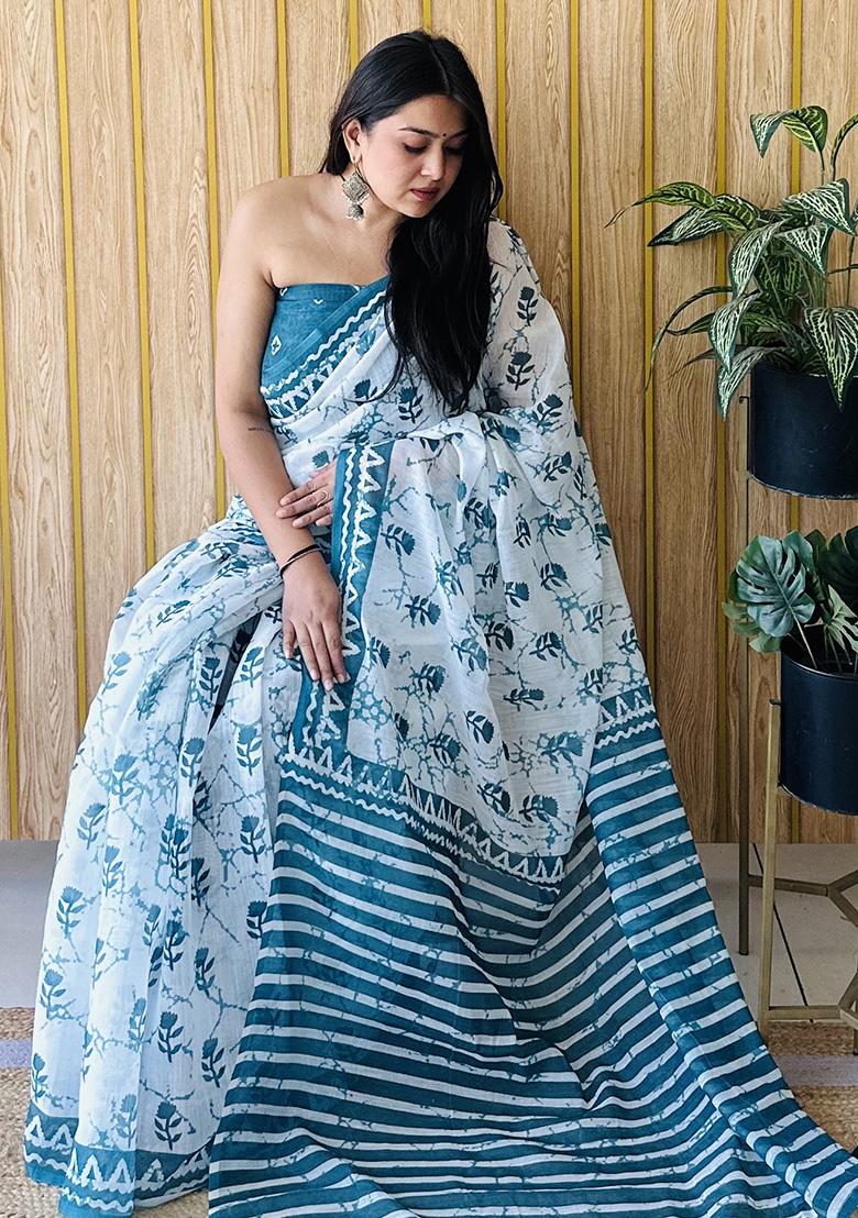 Teal Printed Linen Saree Set