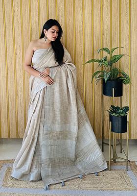 Beige Weaving Linen Saree Set