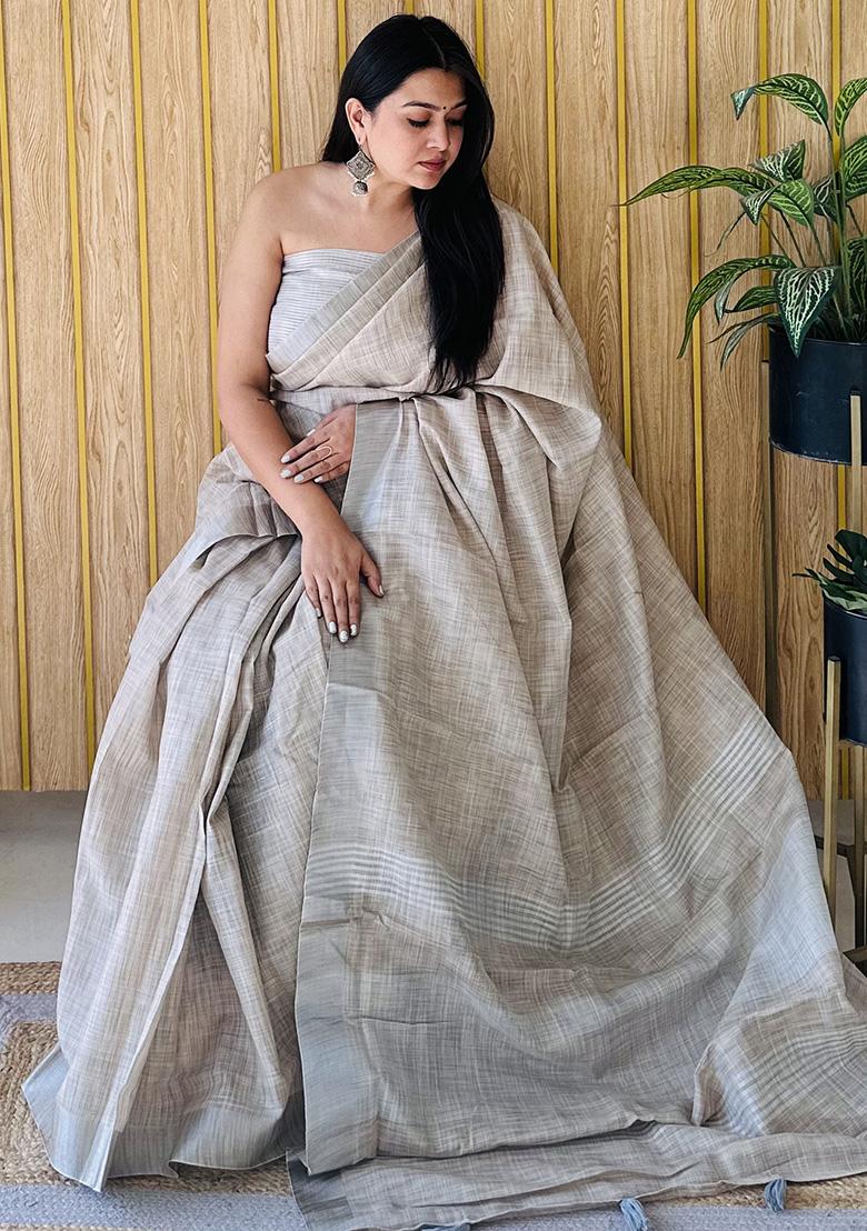 Beige Weaving Linen Saree Set