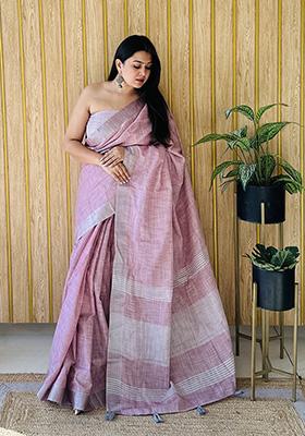 Dust Pink Weaving Linen Saree Set