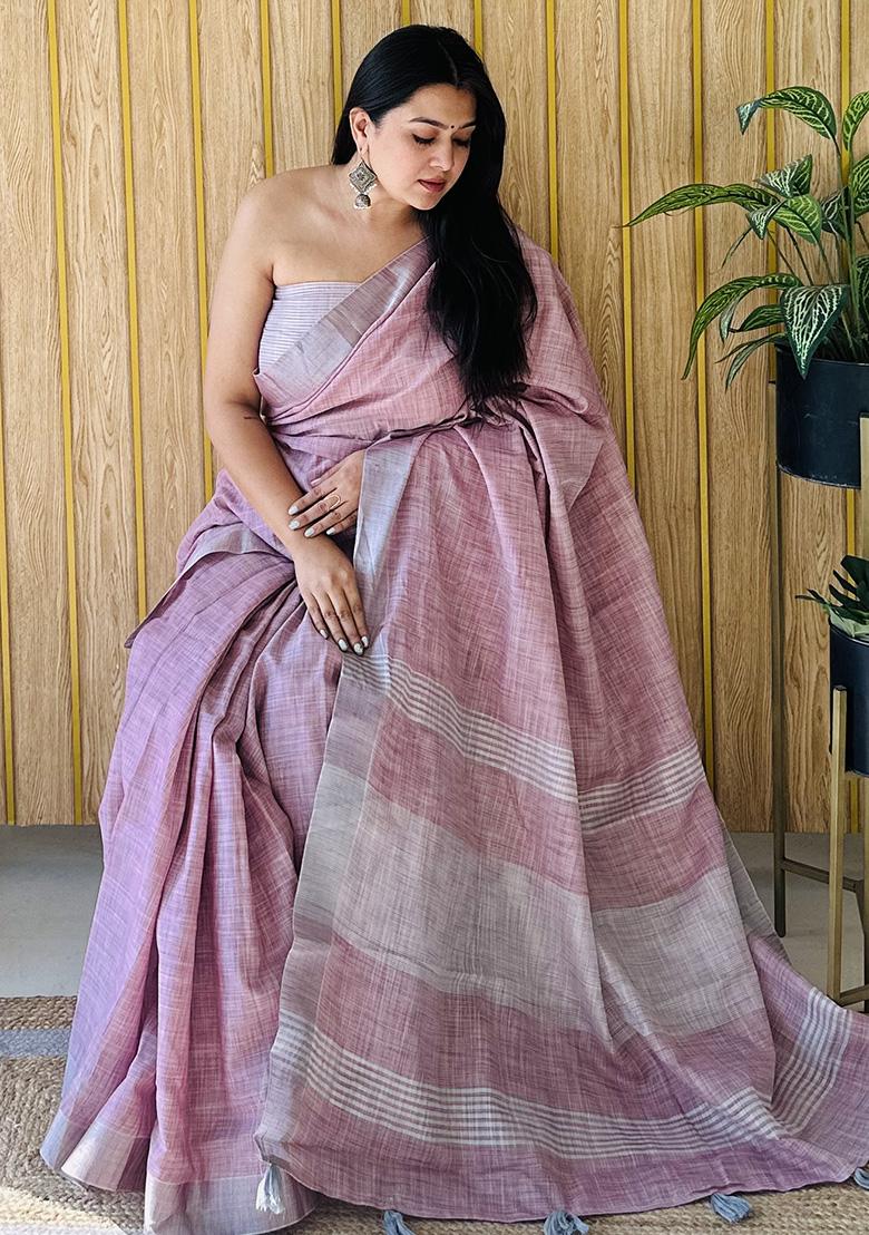 Dust Pink Weaving Linen Saree Set