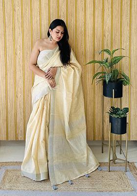Light Yellow Weaving Linen Saree Set