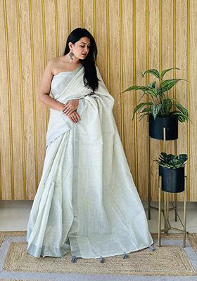 Off White Weaving Linen Saree Set